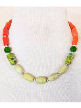 Boho Neon Pink Coral & Olive Green Opal Beaded Statement Necklace